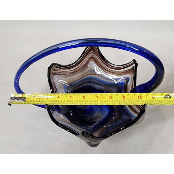 Vintage Sooner Ozark Art Glass Basket | Blue & Brown Swirl Hand-Blown | USA - Picture 14 of 15
